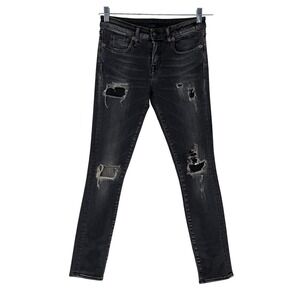 R13 Women Distressed Safety Pin Skinny Jeans Faded Black Made in Italy Size 25